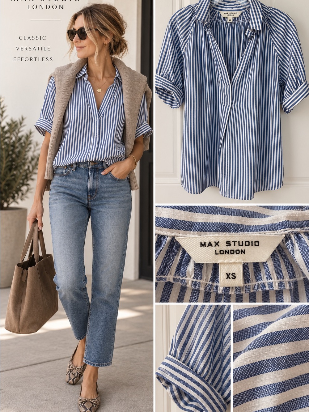 Max Studio Blue & White Striped V-Neck Button Front Blouse